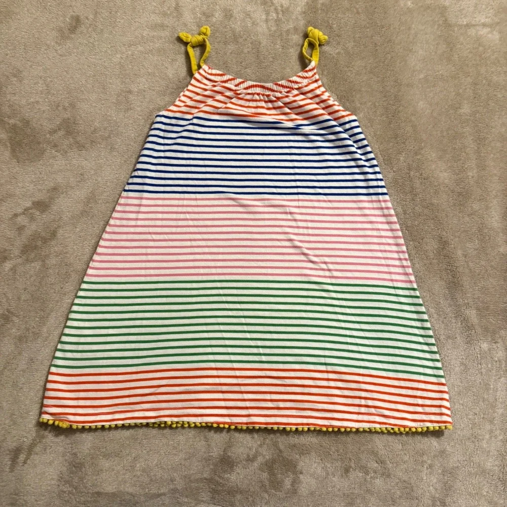 Mini Boden Girls Rainbow Striped Pom Pom Dress Size 5-6Y Multi Cotton
